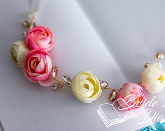 Short flower hair wreath with rhinestones and ivory/ pink flowers