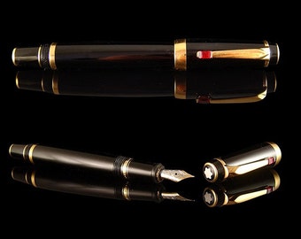 Mont Blanc La Boheme Rouge Fountain Pen. 14ct Gold Nib with Rhodium Plated Inlay. Electroplated Quality 22ct Gold Inset with Synthetic Ruby