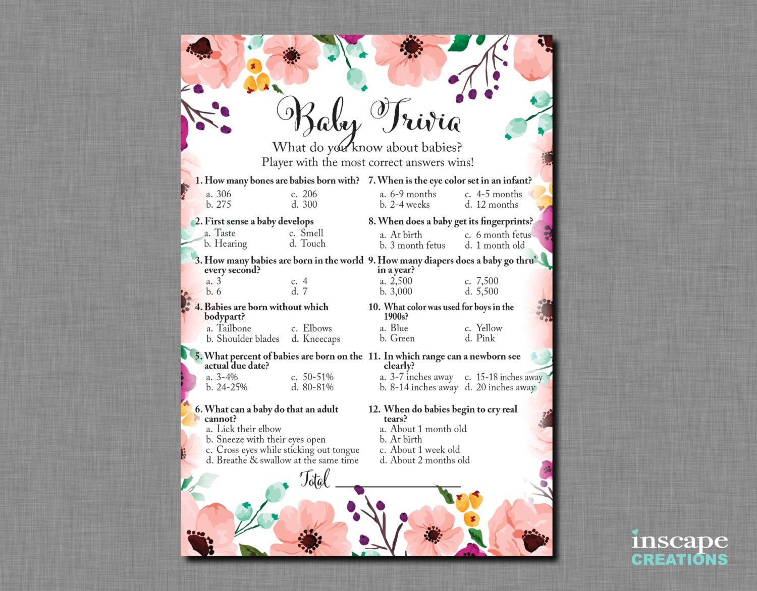 Baby Trivia Game Printable Floral Baby Shower Baby Trivia