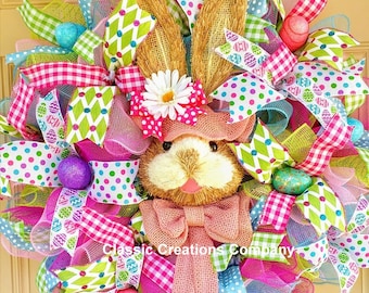 Easter Bunny Deco Mesh Wreath, Easter Bunny Door Decoration, Pink Easter Wreath, Pastel Easter Wreath, Easter Eggs, Pink Bunny. Deco Mesh