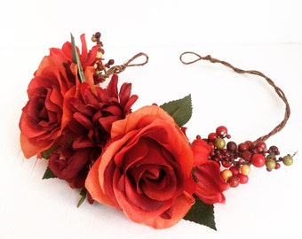 Items similar to Red Autumn Flower Crown Baroque Style Wedding Crown ...