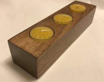 Solid Walnut Tealight Holder c/w 3 beeswax tealights