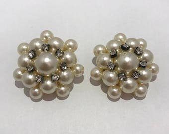 Huge Boucles d'oreilles clips avec perles et strass 1980 vintage french