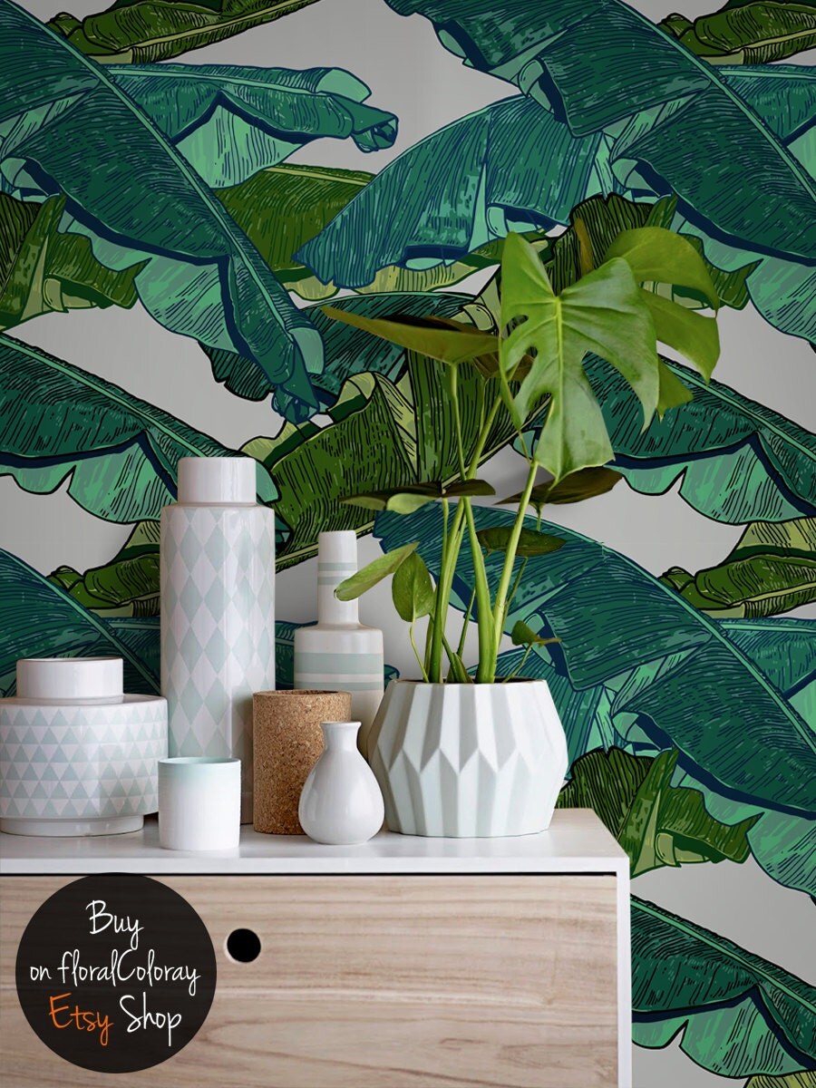 Banana leaves wallpaper Green wall mural Exotic and