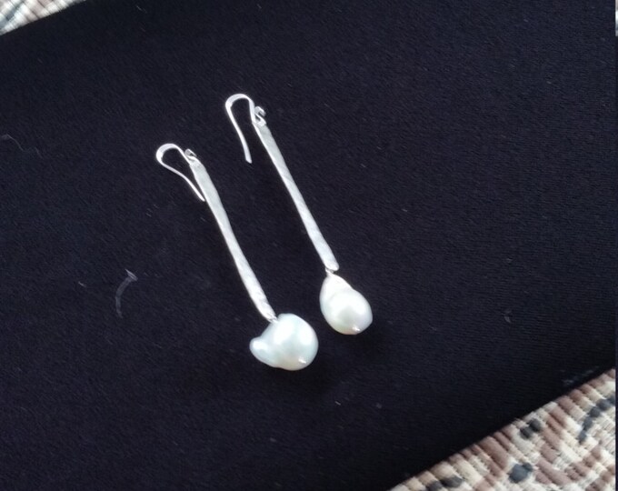 Large White Baroque Pearl on Hand Hammered Sterling Dangle