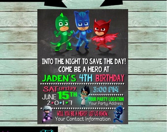 Pj Masks Gekko Catboy Owlette Birthday Party Chalkboard Invitations Invites ~ We Print and Mail to You