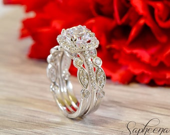 Set of 3, Cushion Cut Ring with Art Deco bands 14 Karat White Gold, Made to Order, Stacking Rings, Engagement Set, Wedding Rings by Sapheena