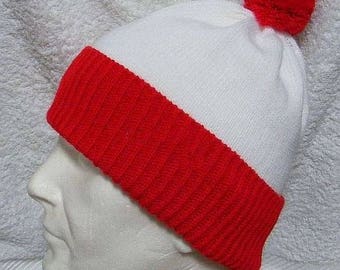 Red and White Wheres Wally/Waldo Inspired pompom beanie hat