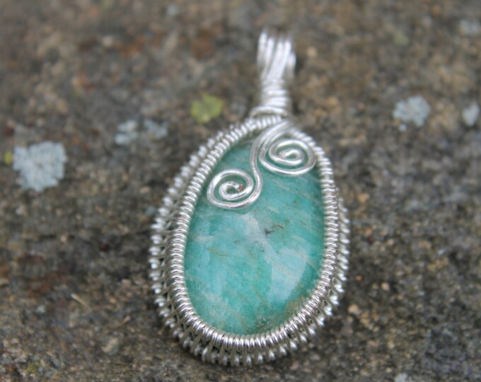 Amazonite Wire Wrap Pendant; Hand Cut Natural Blue Green Teal Stone, Silver Spiral Design, Wire Weave Jewelry, BoHo Hippie Necklace