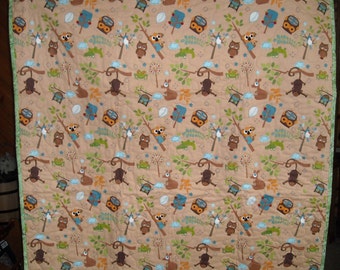 New baby quilt, owls, monkeys, and other animals, washable, made in USA, biege