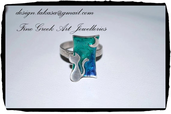 Ring Enamel Cat Moon Sterling Silver White Gold-plated Jewelry Lakasa e-shop Best gifts ideas for her birthday anniversary for ever friends