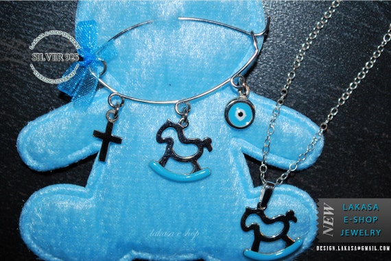 SET enamel carousel baby brooch and chain necklace 925 sterling silver jewellery gift idea baptism newborn religious happy shower day mother