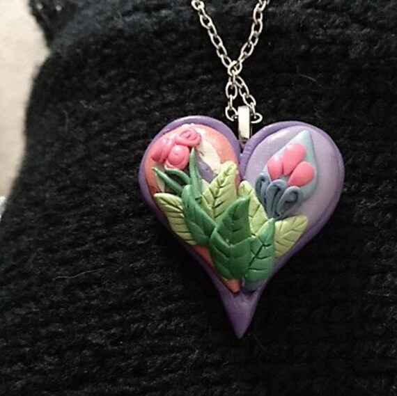 Polymer Clay Necklace Paisley Heart Pendant Necklace Purple