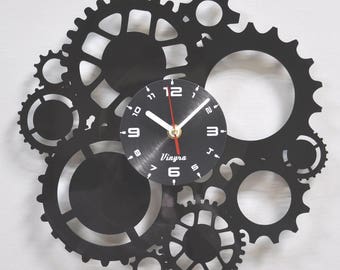 STEAMPUNK CLOCK of recycled lp record steampunk clock gift vinyl wall art wires gear vinyl clock steampunk decor decoration furniture vinyl