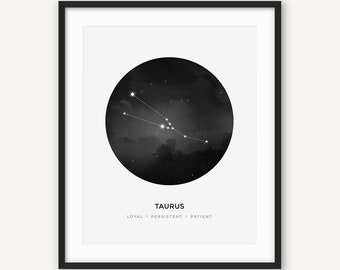 Taurus Print, Taurus Constellation, Taurus Zodiac Sign Poster, Taurus Wall Art, Taurus Gift, Zodiac Constellation, Astrology Black and White