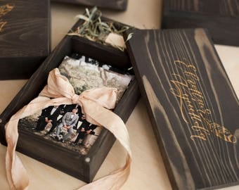 Wooden box for photos with engraved. Memory box. Wedding photo box.