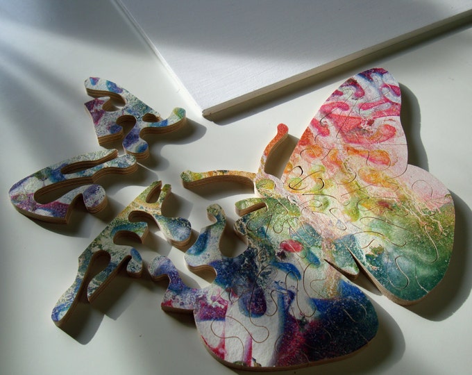 Butterfly Puzzle Art Colorful, Healing Art ADHD Smart Toy Family Gift Wooden Handmade Ready To Hang, Acrylic On Pieces by Samo Svete