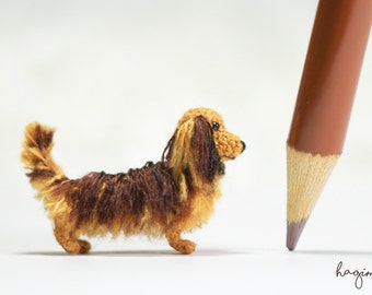 Miniature Long haired Dachshund, Chocolate and Tan Dachshund dog, Tiny amigurumi crochet animal