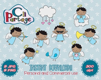 Black Hair Angels Cliparts, Instant Download, Clip Art Vectors, Clip Art