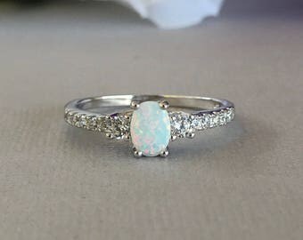 Oval White Fire Opal Simulated Diamond Stones Sterling Silver Engagement Promise Ring, Women's White Fire Opal Ring