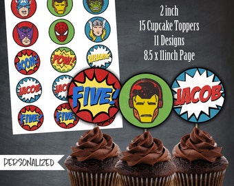 Comic Book Cupcake Toppers, Superhero Cupcake Toppers, Avengers Cupcake Toppers, Tags, Party, Comic, Personalized, Printables, Digital, DIY