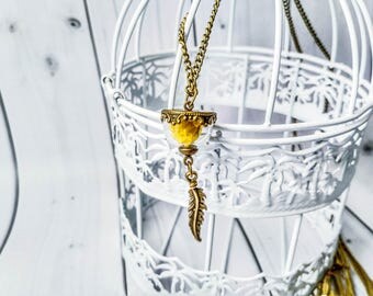 Sphere necklace Feather necklace Bronze necklace Yellow flower Boho jewelry Fantasy jewelry Tribal necklace Romantic gift Eco flower Floral