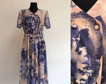 1980s Vintage Dress Floral Summer Blue Beige Flower Batik Dress Romantic ColorBlock Dress Button up Sleveless Church Midi Dress Size Large