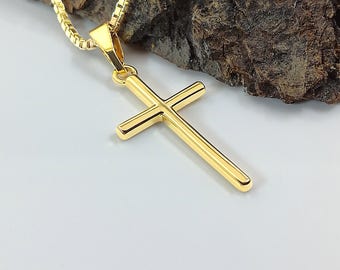 Skinny Cross Necklace blessed in church of the holy sepulchre, Gold Cross Necklace, 14K Gold Plated Necklace Chain,christian, catholic gifts