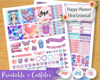 Purple Dreamy Girl Weekly Planner Stickers Digital Planner Kit Sticker Planner Girl Pastel Weekly Set Printable Horizontal Happy Planner THP