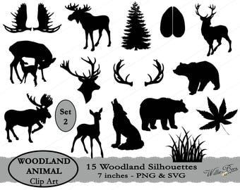 Woodland Animal Silhouette Clip Art - Set 2 - PNG & SVG - Deer - Moose - Bear- Wolf - Grass - Antlers - Woodland Clipart - INSTANT Download