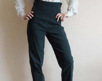 FREE SHIPPING - Vintage Deep Green high waist stretchy pants with buttons/zipper and side lines, size 3, Made in France