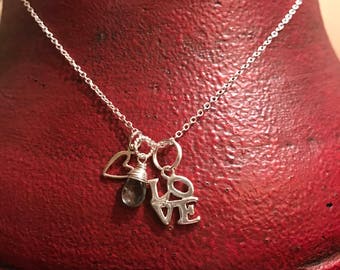 L.O.V.E. Sterling silver charms with a wire wrapped Moss Aquamarine Gemstone