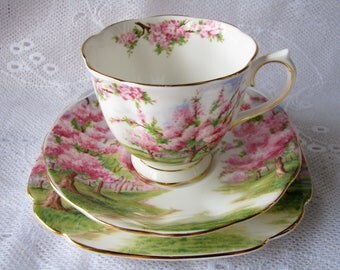 Royal Albert cup saucer Royal Albert trio Royal Albert gift for mother Wedding gift for collector Pink blossom cup Pink bone china tea set