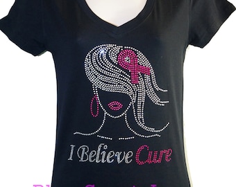 I Believe Cure Pink Cancer Awareness Rhinestone Bling T-shirt V-neck