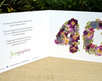 40th Birthday Card, Wife 40th Birthday, Husband, Friend 40th Birthday, Mum, Dad 40th Card, Cards for Gardeners, English Pressed Flower PRINT