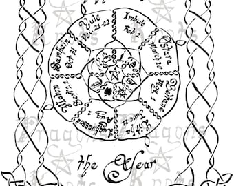 Hand drawn Wheel of the Year chart A4 Pagan Hippy