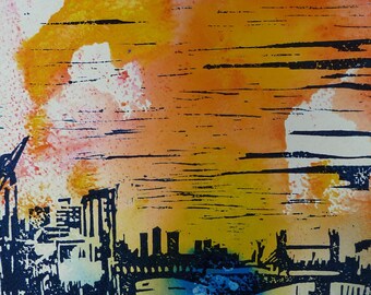 Abstract Art / Linocut print on paper - Title : The Southbank IIII (modern architecture)