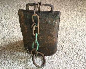 Vintage Primitive Hand Riveted Cow Bell and Chain