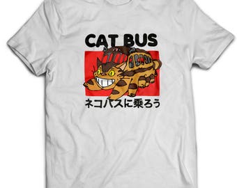 Studio Ghibli Neighbour Totoro Ride The Cat Bus Japanese Anime Unisex T-Shirt White Cotton
