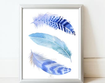 Blue feather print | Etsy