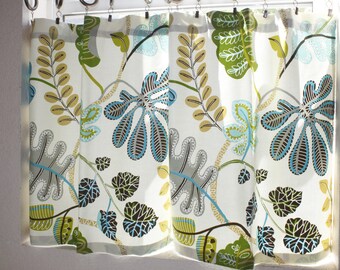 Cafe curtains, kitchen cafe curtains Waverly fabric leaves pattern.