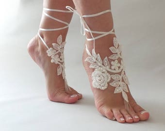 Beach wedding Barefoot Sandals Ivory White Pearl Hand process Lace Barefoot Sandals, Bridal Lace Sandals, Bridal Lace Shoes, French lace