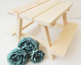 Mini Picnic Bench, Afternoon Tea, Cake Stand Display, wedding table, centerpiece, food display table, wooden platter, tea shop decor,