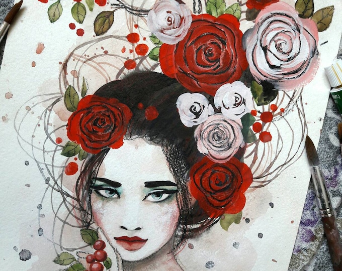 Floral girl ORIGINAL painting by Tatiana Boiko watercolor art, wall hanging, wall decor, wall art, roses, flowers girl painting, Russian art