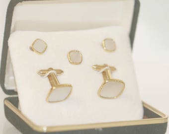 Art Deco White Mother of Pearl Gold Tuxedo Cufflinks and Studs, Wedding Cufflinks, Vintage Groom Gift, Men's Wedding Tuxedo Cufflinks