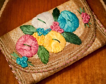 Vintage embroidered straw raffia clutch bag or ipad case