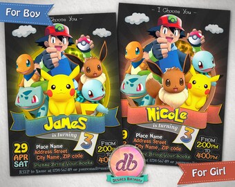 Pokemon Invitation, Pokemon Birthday Party, Pokemon Go Game, Pikachu, Eevee, Ash, Cartoon, Personalized, Printable, Chalkboard, Digital File