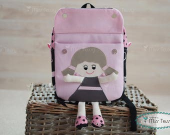 Pink and black Tessy Backpack| Personalized toddler backpack| Doll backpack| kids backpack| children's backpack, rucksack |