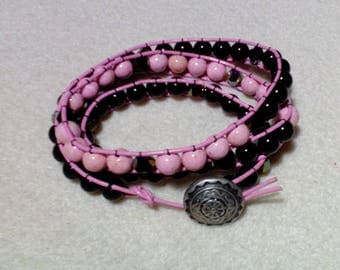 Pink Leather Three Wrap Bracelet