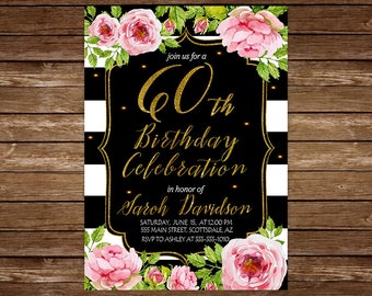 60th Birthday Dinner Invitation. PINK and GOLD Floral 60th Birthday Dinner Invitation. 60th Birthday Invitation. Gold Glitter.Any age.jpg 27